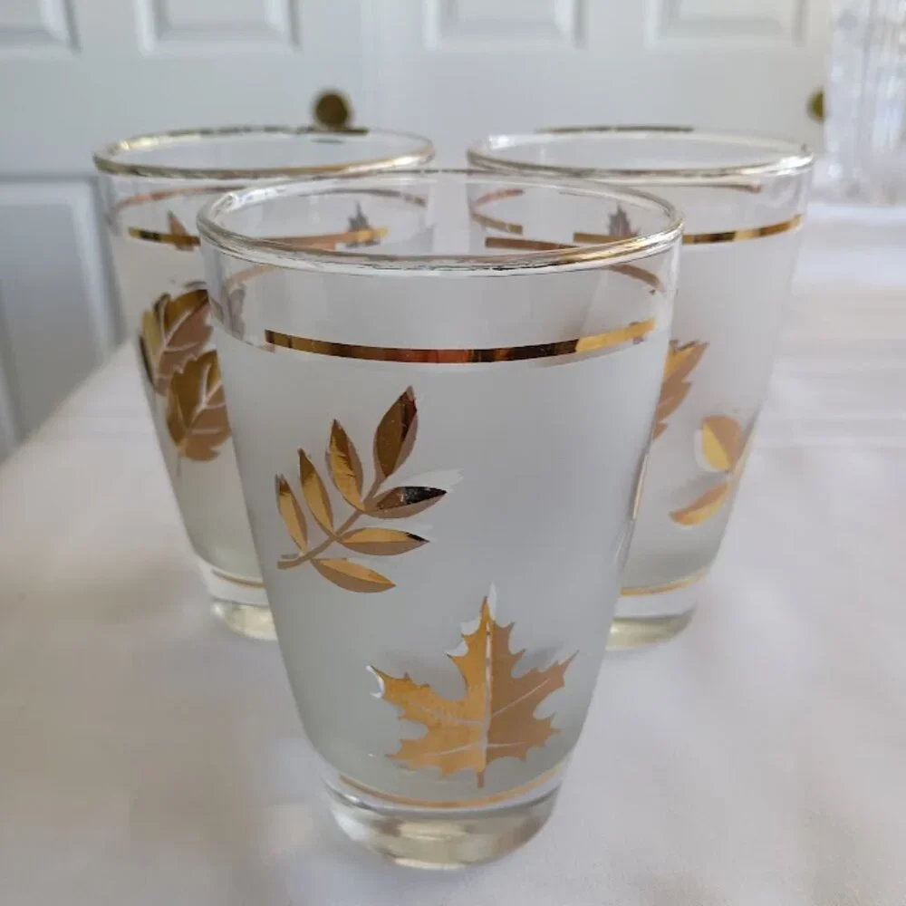 Vintage Frosted Glasses with Gold Leaf Design, set of Three (3)